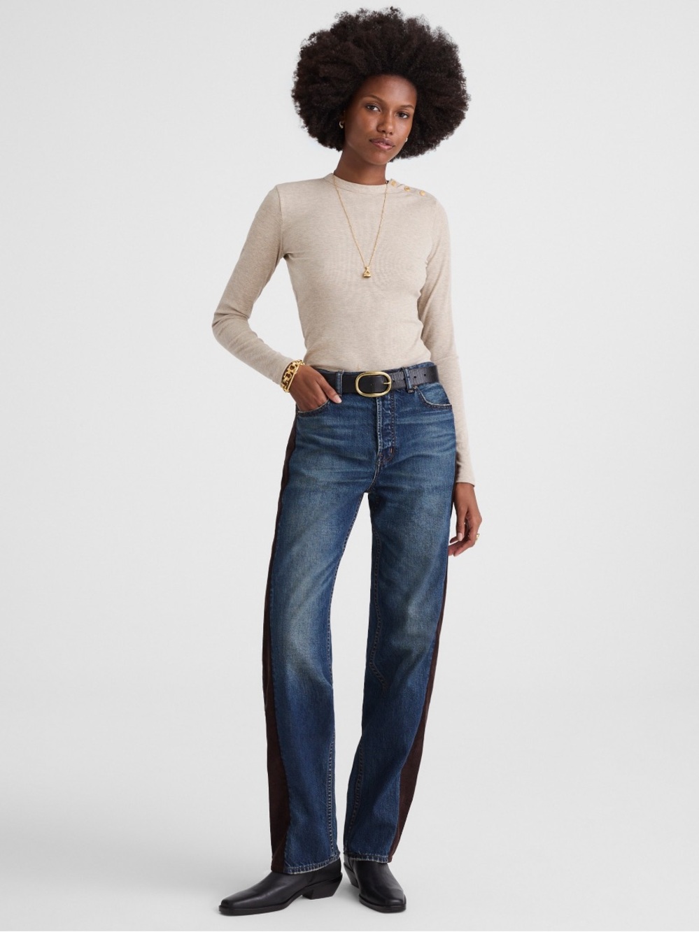 NWT Madewell Ribbed Button Crewneck Tee Heather Coastal Dune Size Medium - Picture 2 of 7